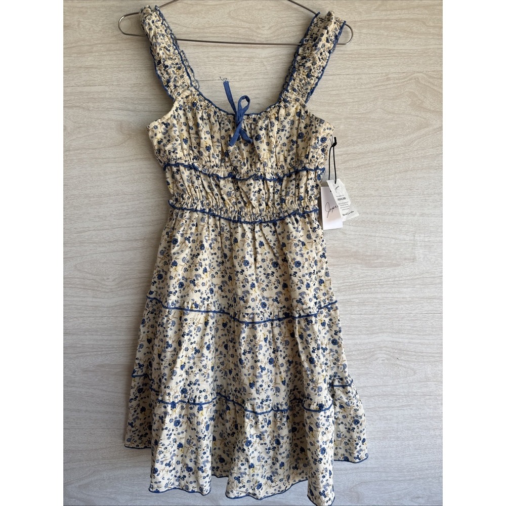 NWT JAPNA linen blend blue and white floral babydoll mini dress Sz XS